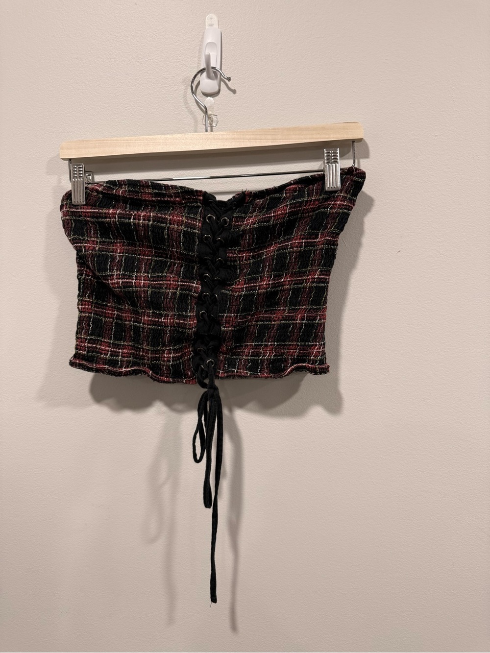 Plaid Lace-Up Stretchy crop bustier - Black & Red